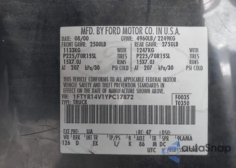 2000 Ford Ranger Xl/Xlt z USA, uszkodzony, nr VIN 1FTYR14V1YPC17872